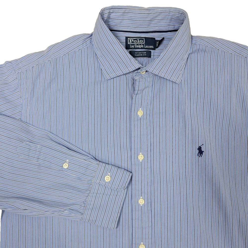 Polo‎ Ralph Lauren Stanton Classic Fit Mens XL Blue Pony Striped Button Up